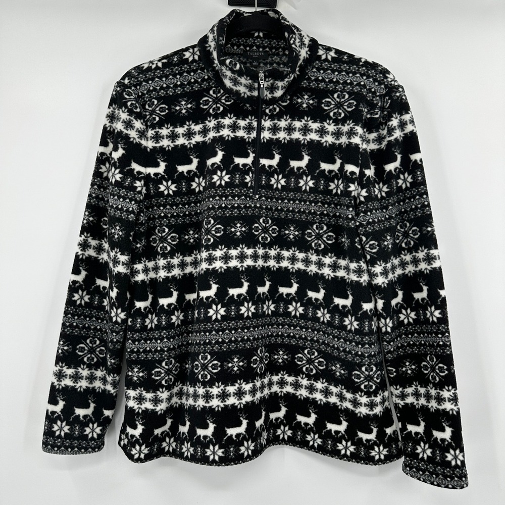 Talbots Petite Nordic Fleece Pullover Black White Reindeer Fair Isle Large Cozy